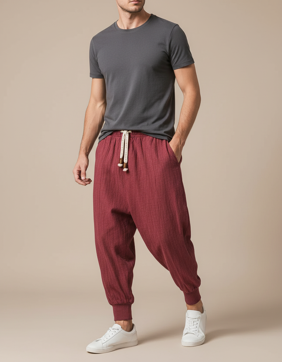 Pantalon Chinois Sarouel Lin Rouge Ample Décontracté Homme - Bordeaux