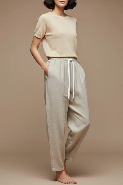 Pantalon Chinois Lin Cordon Ample Confortable Beige