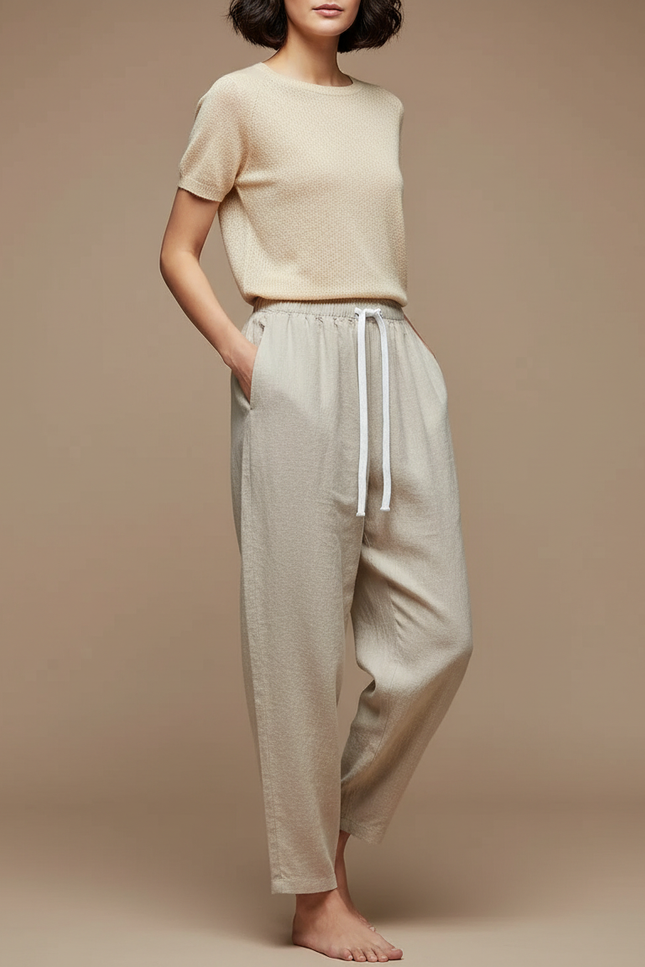 Pantalon Chinois Lin Cordon Ample Confortable Beige