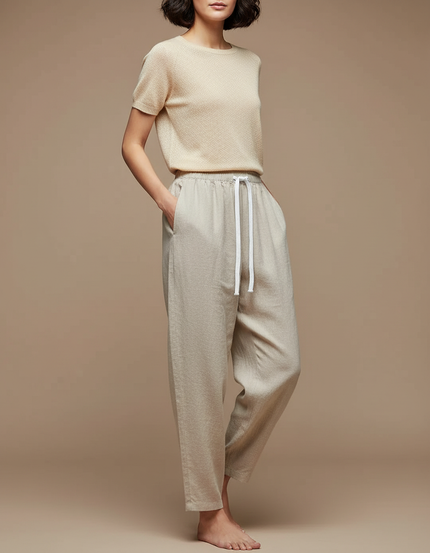 Pantalon Chinois Lin Cordon Ample Confortable Beige