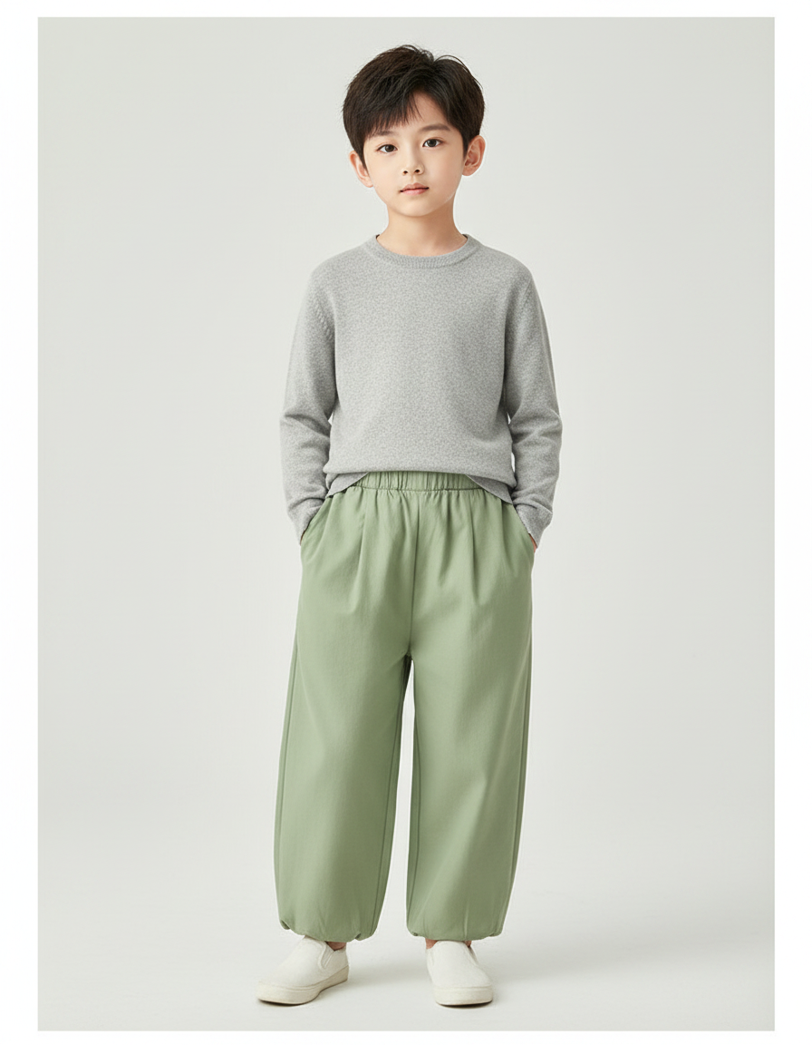 Pantalon Chinois Vert Ample Coton Enfant Décontracté