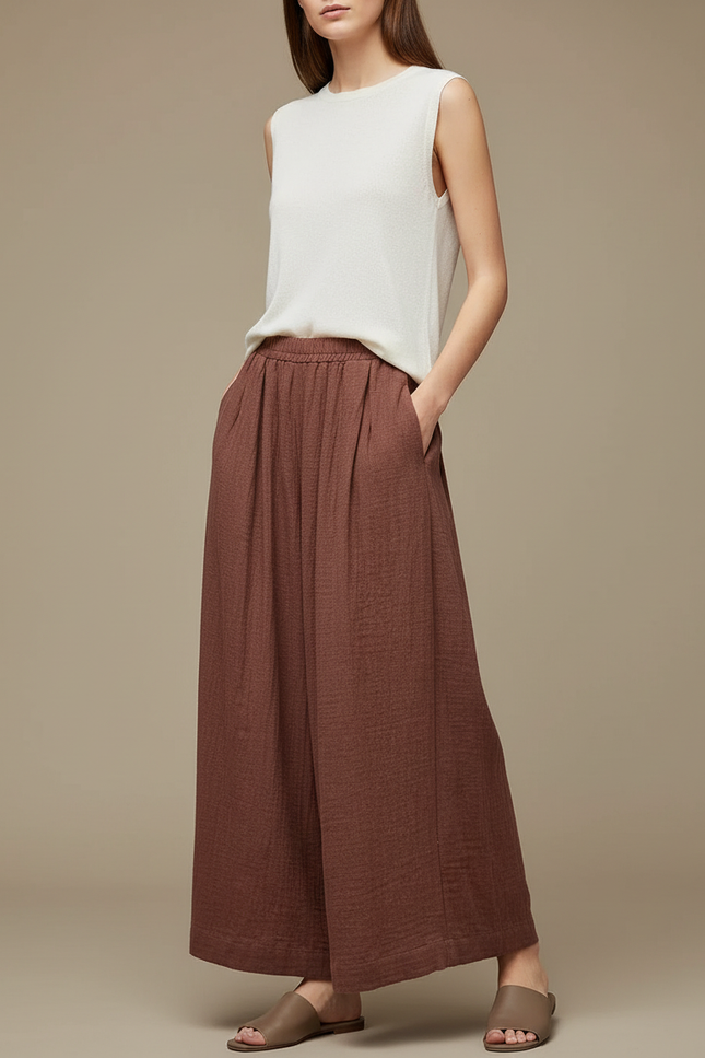Pantalon Chinois Marron Ample Plissé Lin Coton