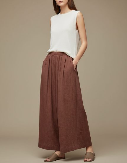 Pantalon Chinois Marron Ample Plissé Lin Coton
