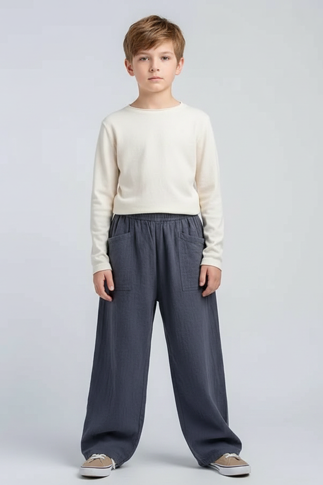 Pantalon Chinois Gris Ample Coton Lin Enfant