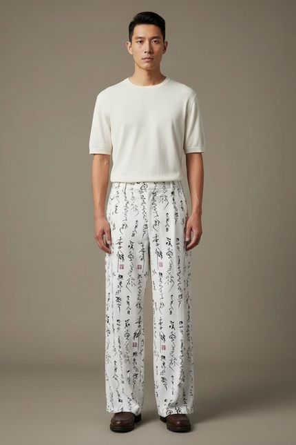 Pantalon Chinois Blanc Calligraphie Fluide Décontracté Homme - Lin
