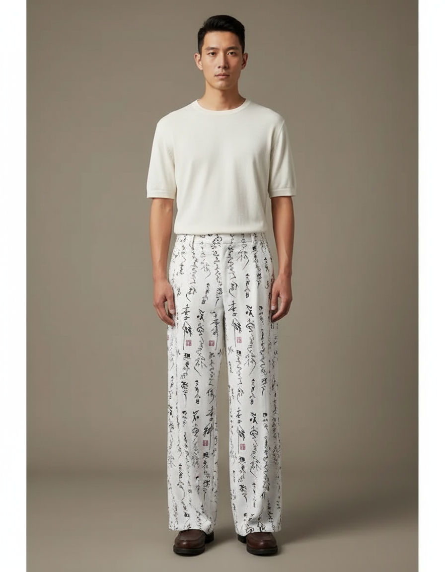 Pantalon Chinois Blanc Calligraphie Fluide Décontracté Homme - Lin