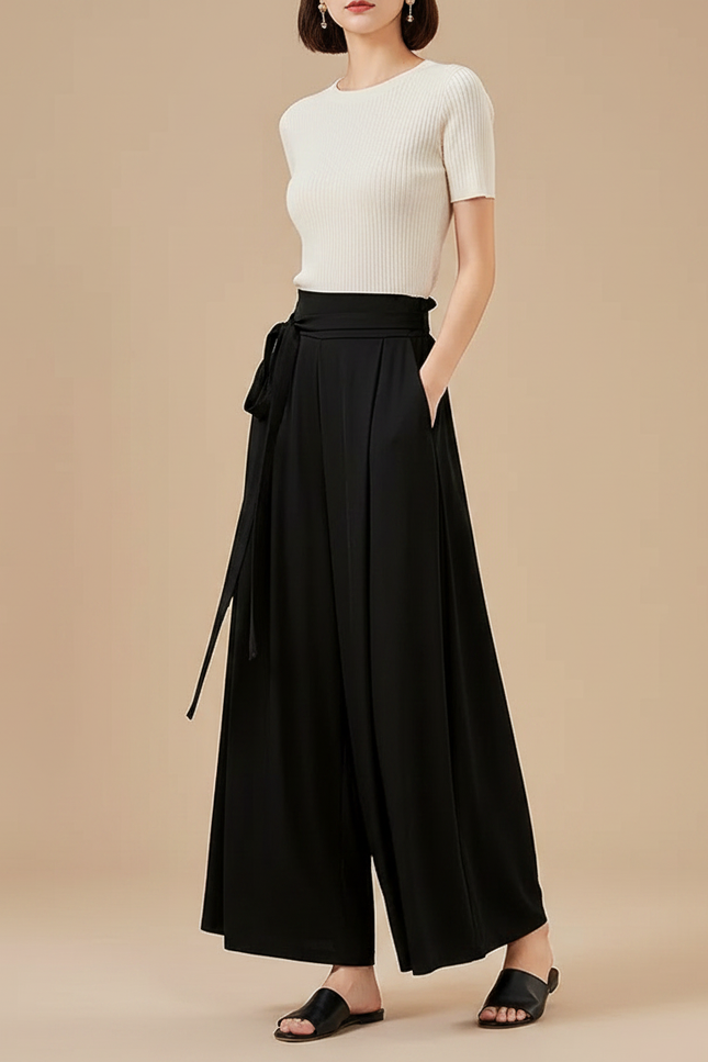 Pantalon Chinois Noir Ample Fluide Ceinturé Élégant - Polyester