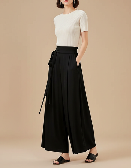Pantalon Chinois Noir Ample Fluide Ceinturé Élégant - Polyester