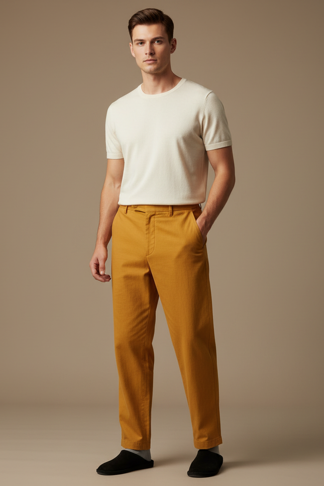 Pantalon Chinois Moutarde Ample Coton Décontracté Homme - Jaune