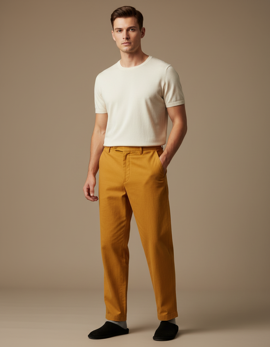 Pantalon Chinois Moutarde Ample Coton Décontracté Homme - Jaune