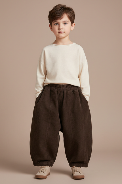 Pantalon Chinois Marron Côtelé Ample Rétro Enfant - Cordé