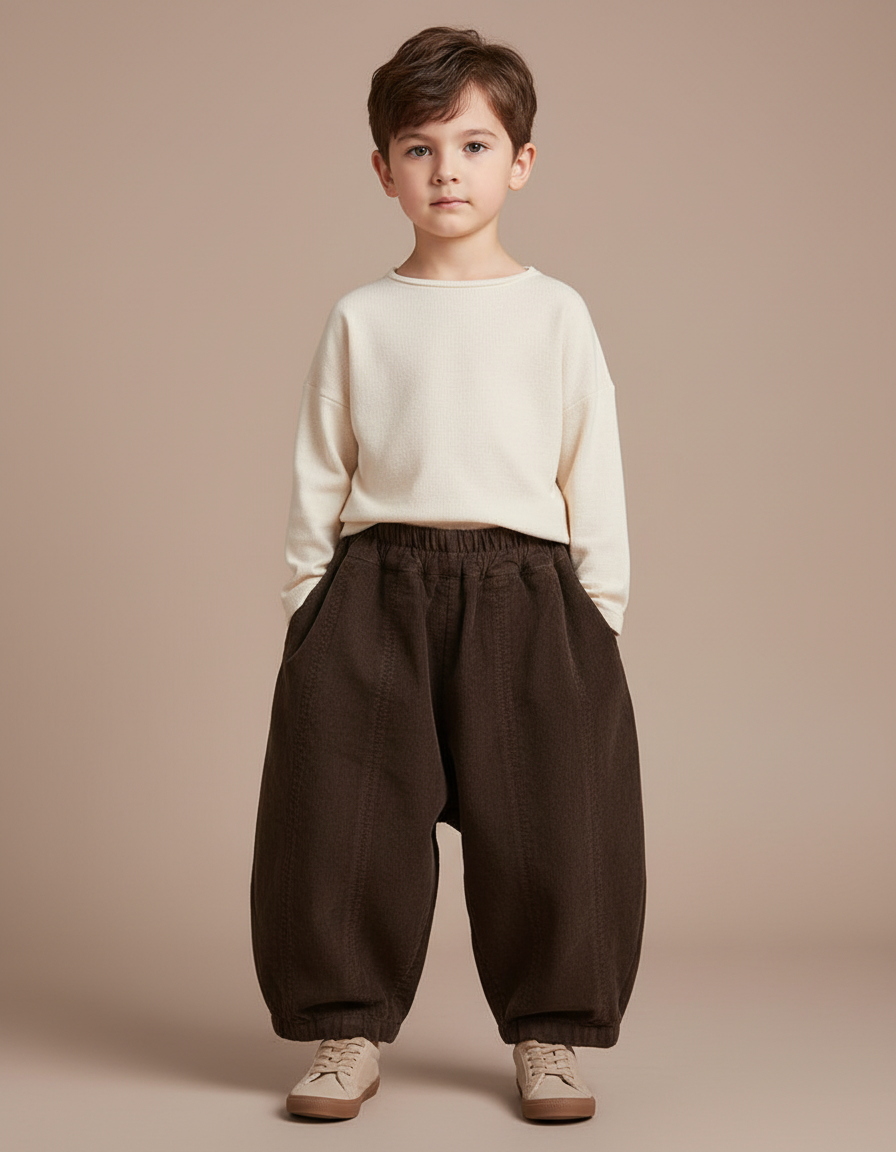 Pantalon Chinois Marron Côtelé Ample Rétro Enfant - Cordé