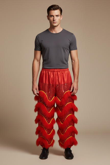 Pantalon Chinois Rouge Scintillant Fourrure Dorée Festif Homme - Polyester