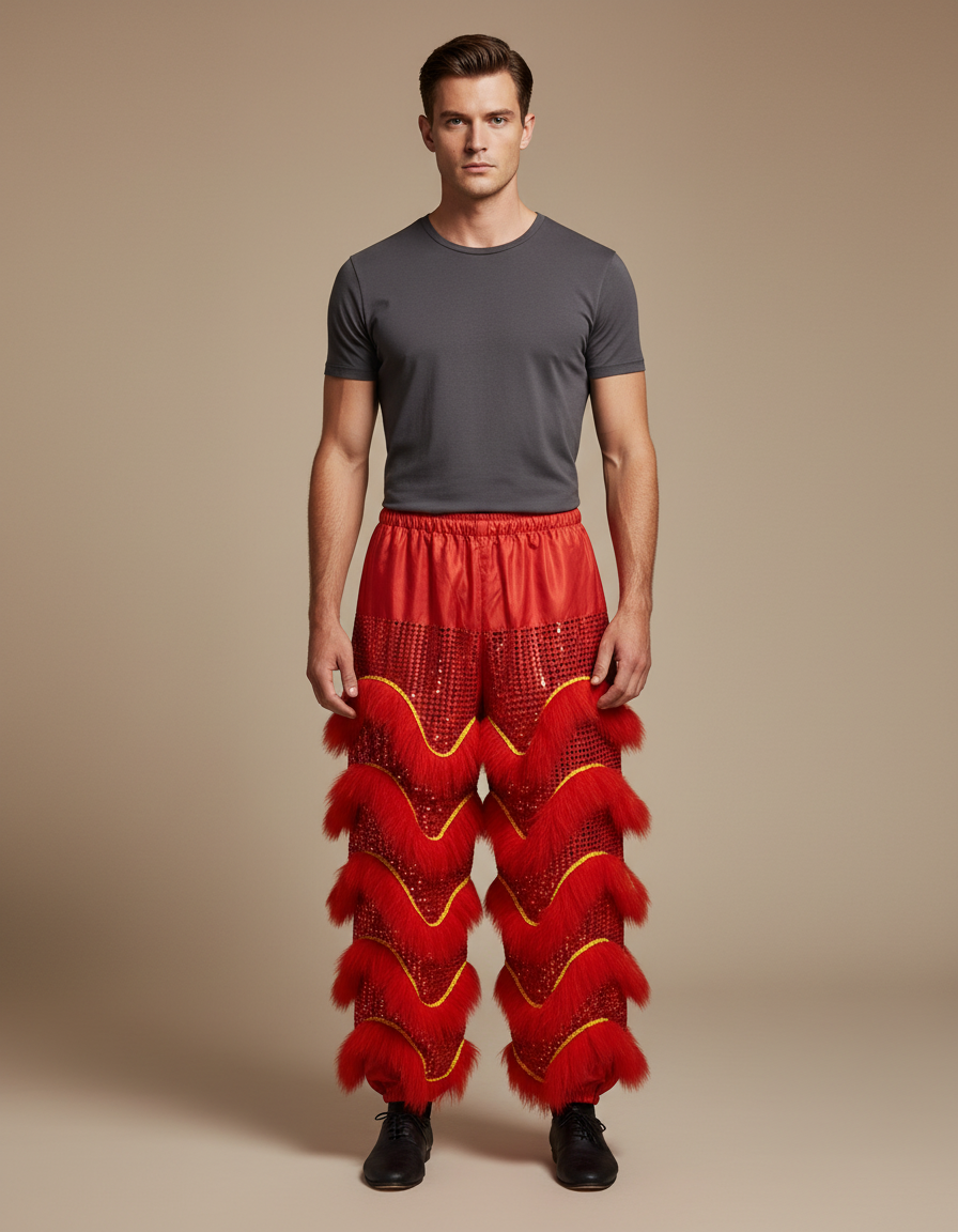 Pantalon Chinois Rouge Scintillant Fourrure Dorée Festif Homme - Polyester