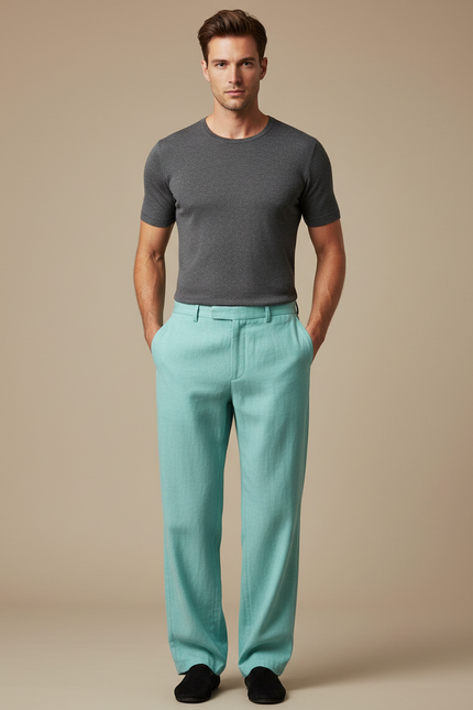 Pantalon Chinois Vert Clair Droit Lin Homme