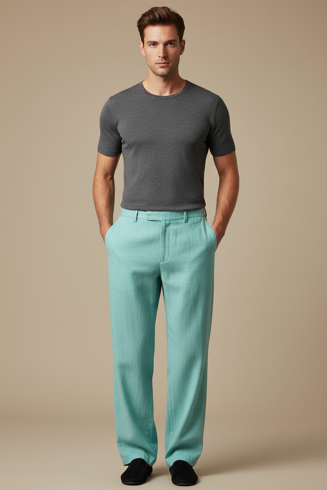 Pantalon Chinois Vert Clair Droit Lin Homme