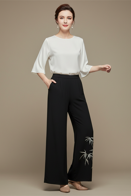 Pantalon Chinois Noir Ample Bambou Fluide Femme - Viscose