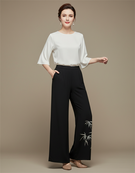 Pantalon Chinois Noir Ample Bambou Fluide Femme - Viscose