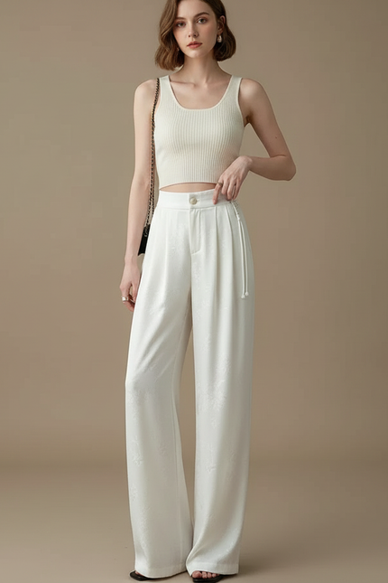 Pantalon Chinois Blanc Satin Brodé Ample Élégant