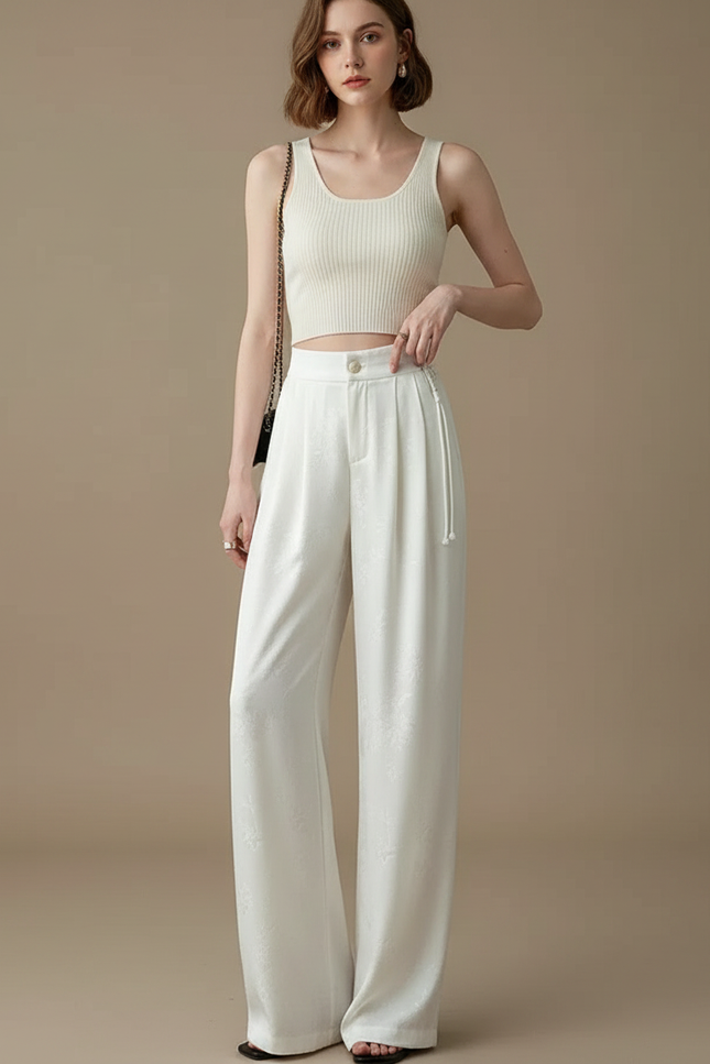Pantalon Chinois Blanc Satin Brodé Ample Élégant