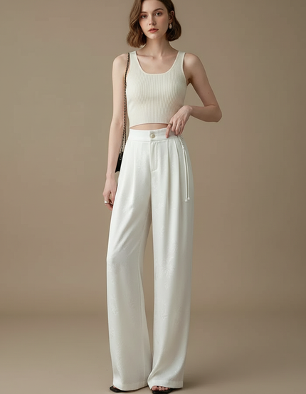 Pantalon Chinois Blanc Satin Brodé Ample Élégant