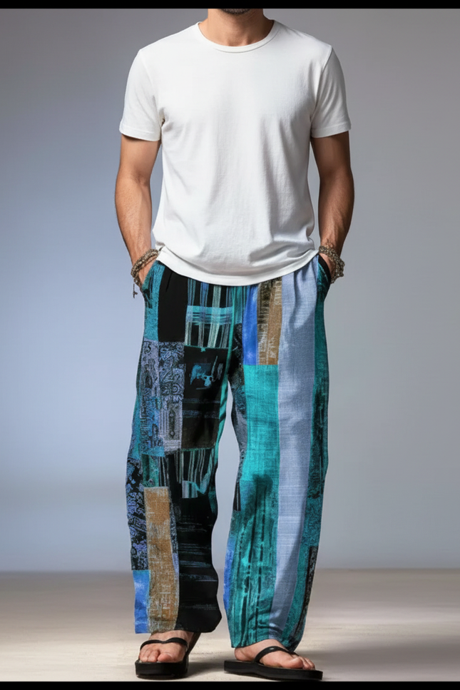 Pantalon Chinois Patchwork Abstrait Ample Coton Homme - Multicolore