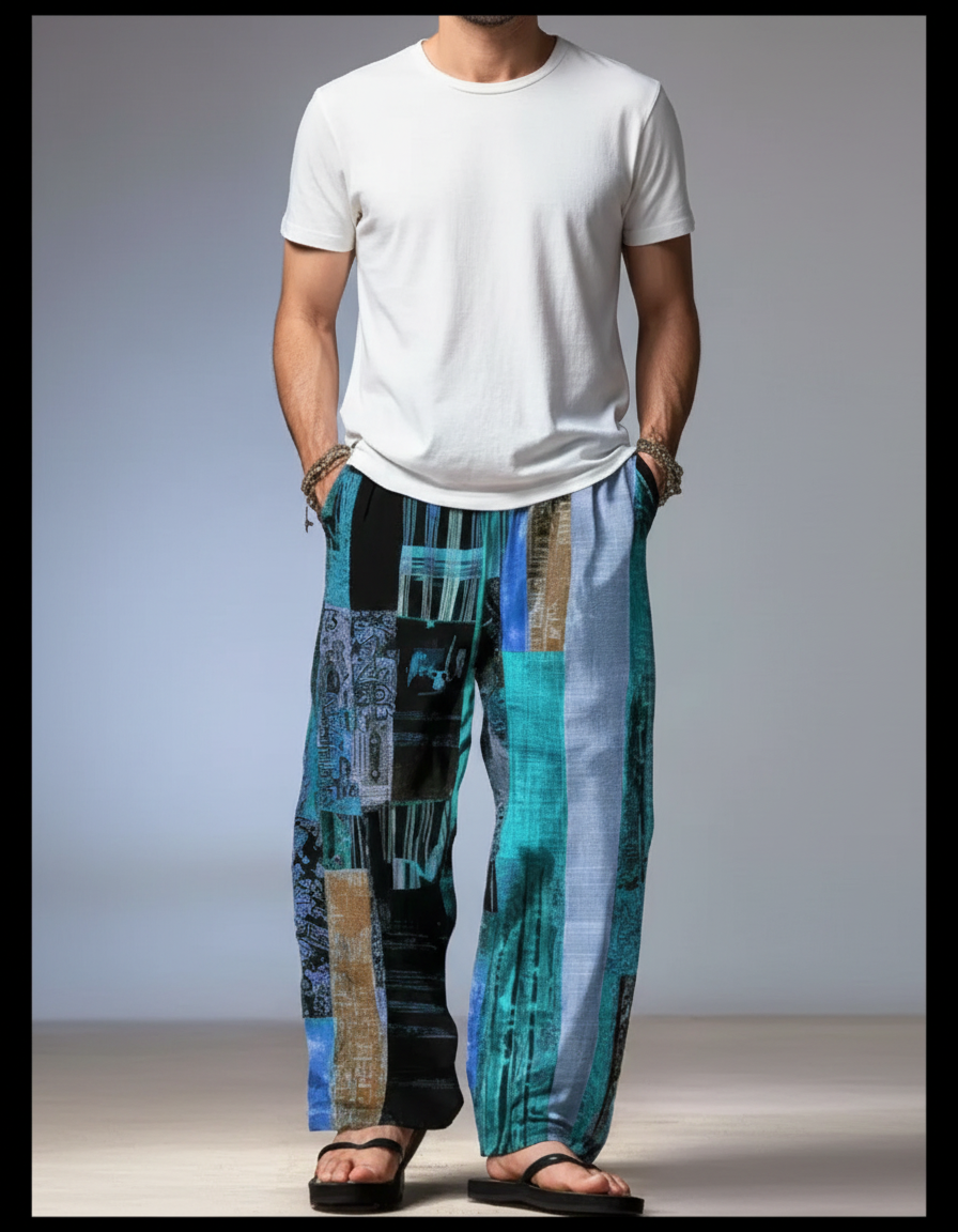 Pantalon Chinois Patchwork Abstrait Ample Coton Homme - Multicolore
