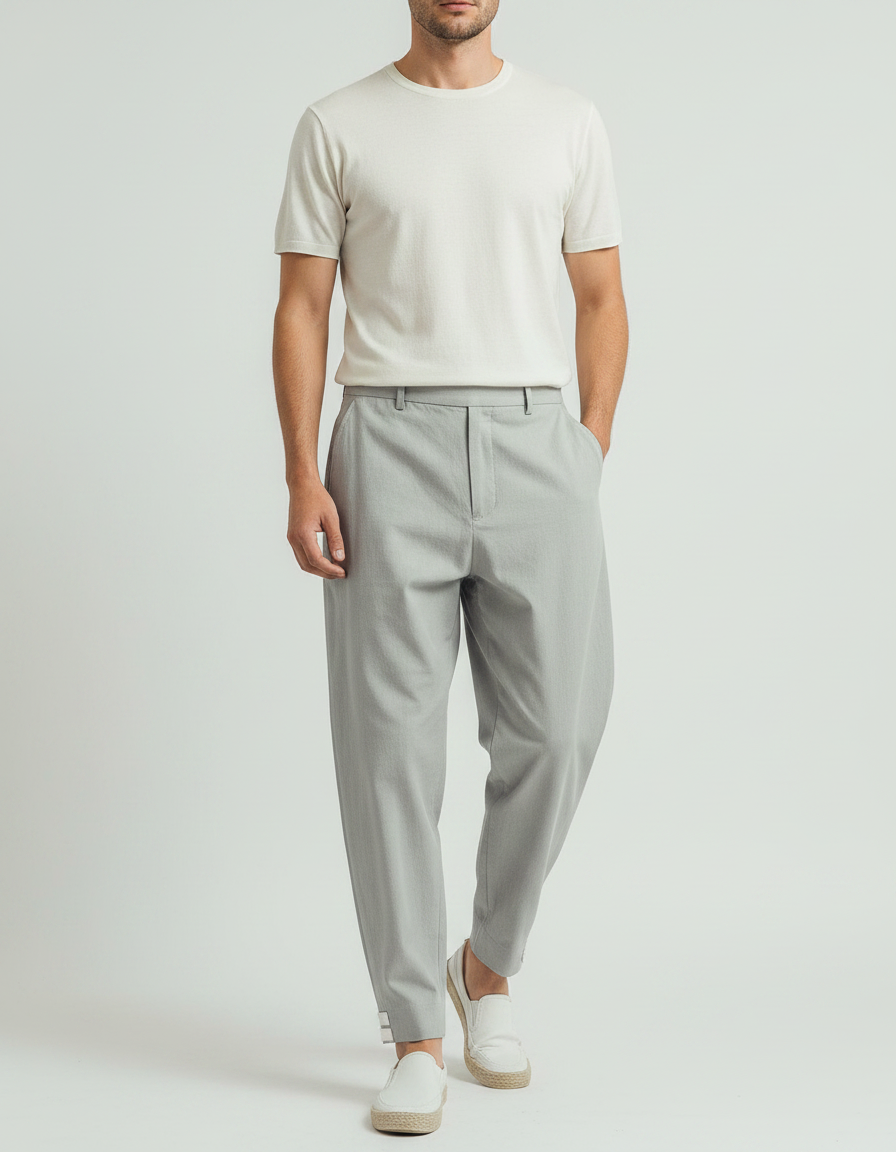 Pantalon Chinois Gris Clair Ample Décontracté Homme - Lin