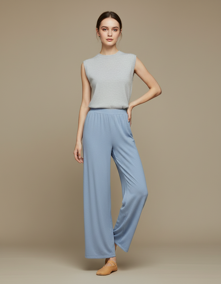 Pantalon Chinois Bleu Fluide Droit Élégant Femme - Maille