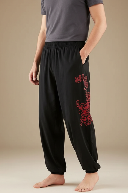 Pantalon Chinois Noir Ample Brodé Rouge Homme - Coton