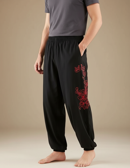 Pantalon Chinois Noir Ample Brodé Rouge Homme - Coton
