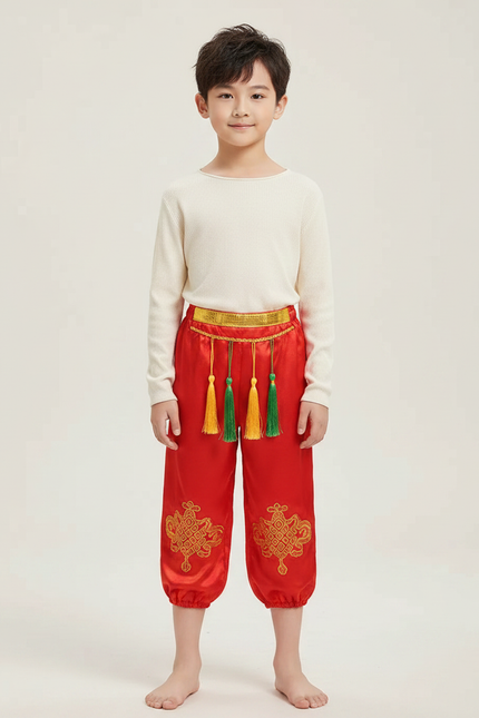 Pantalon Chinois Rouge Satiné Brodé Tassels Enfant