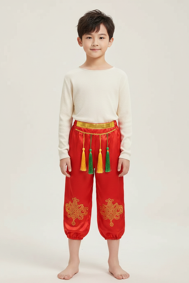 Pantalon Chinois Rouge Satiné Brodé Tassels Enfant