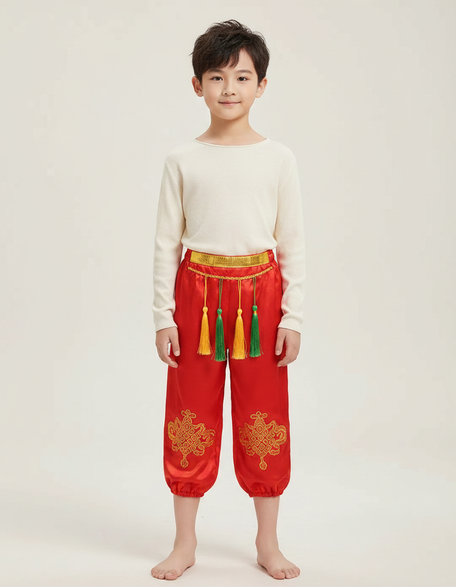 Pantalon Chinois Rouge Satiné Brodé Tassels Enfant