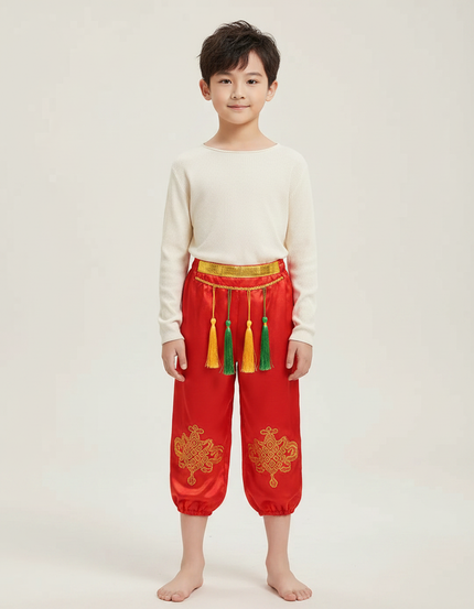 Pantalon Chinois Rouge Satiné Brodé Tassels Enfant