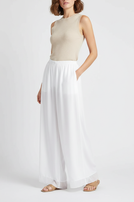 Pantalon Chinois Blanc Fluide Ample Gaze Femme - Polyester