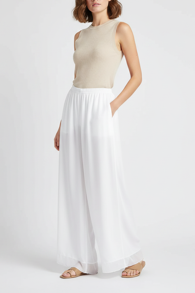 Pantalon Chinois Blanc Fluide Ample Gaze Femme - Polyester
