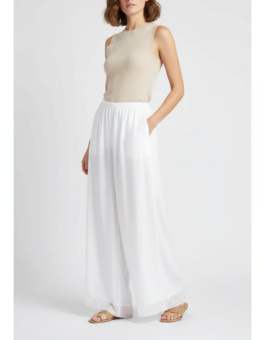 Pantalon Chinois Blanc Fluide Ample Gaze Femme - Polyester