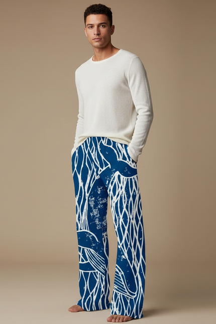 Pantalon Chinois Bleu Ample Imprimé Vagues Décontracté - Viscose