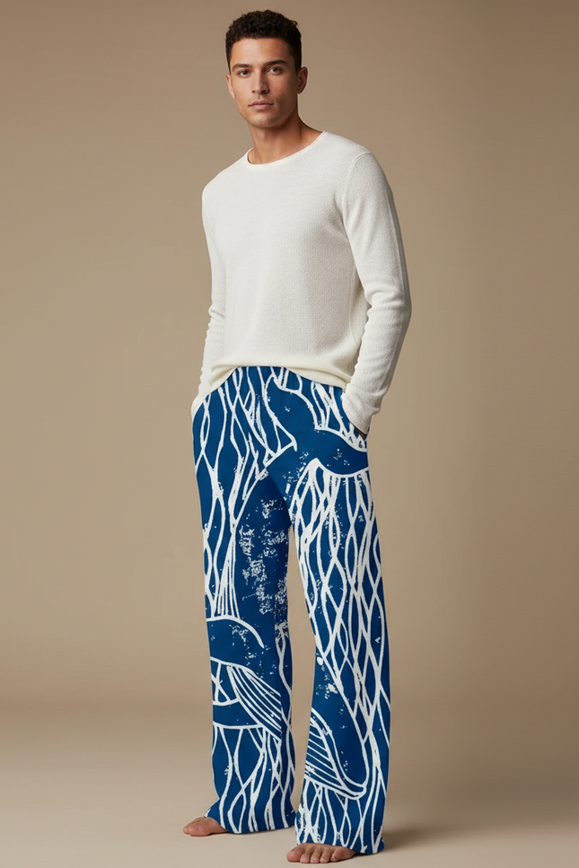 Pantalon Chinois Bleu Ample Imprimé Vagues Décontracté - Viscose