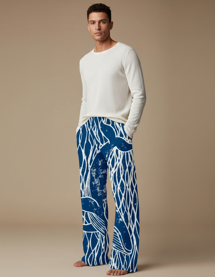 Pantalon Chinois Bleu Ample Imprimé Vagues Décontracté - Viscose