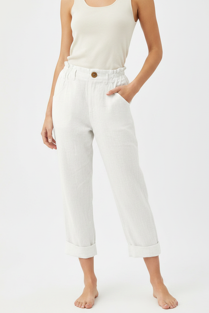Pantalon Chinois Blanc Lin Ample Décontracté Cropped