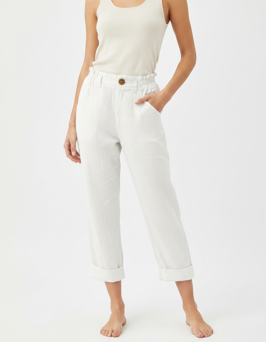 Pantalon Chinois Blanc Lin Ample Décontracté Cropped