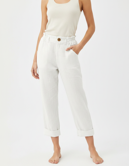 Pantalon Chinois Blanc Lin Ample Décontracté Cropped