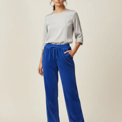 Pantalon Chinois Velours Bleu Taille Élastique Femme