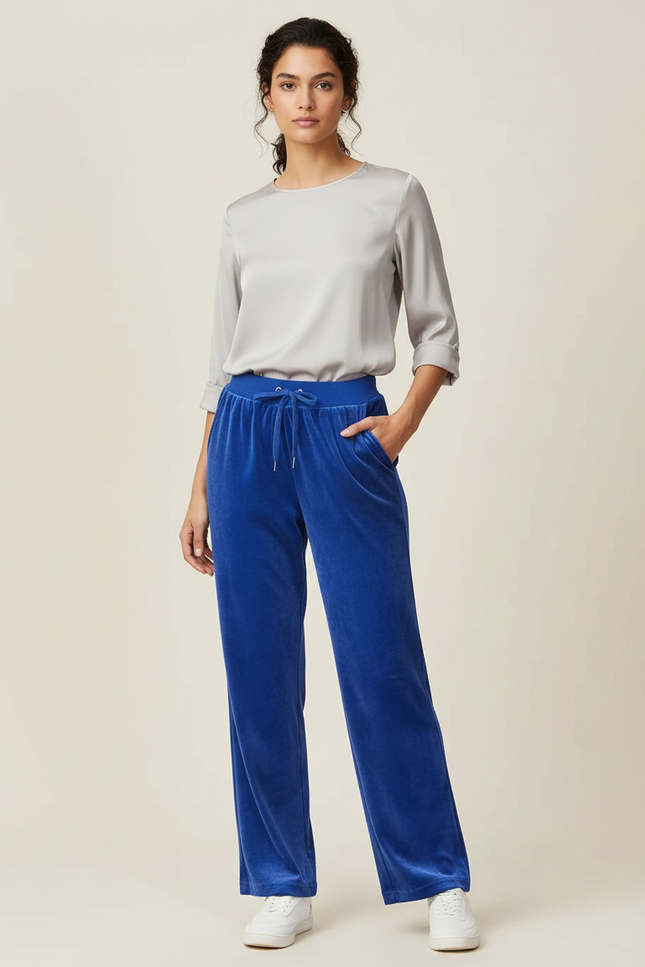Pantalon Chinois Velours Bleu Taille Élastique Femme