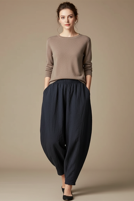 Pantalon Chinois Femme Bleu Marine Sarouel - Lin