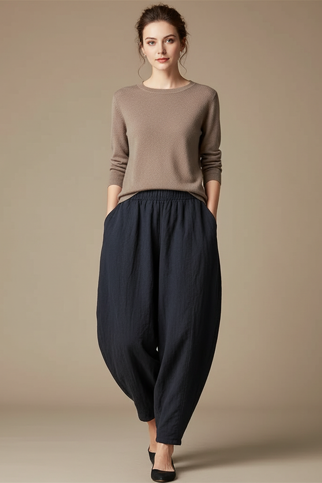 Pantalon Chinois Femme Bleu Marine Sarouel - Lin