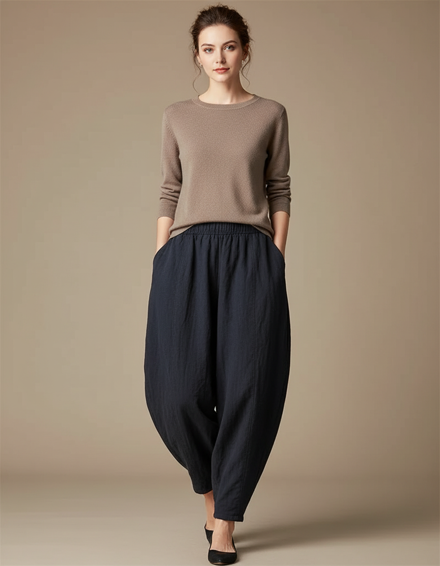 Pantalon Chinois Femme Bleu Marine Sarouel - Lin