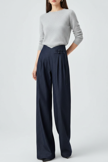 Pantalon Chinois Denim Large Plissé Élégant Femme - Marine Jean